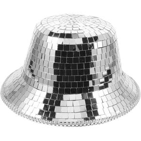 Silver Disco Ball Cowboy Hat with Led Lights, Sparkly Mirror Bucket Hat for Women, Halloween Costume Accessory, Party Decoration, 10.62 X 5.51 Inches Disco Bucket Hat Disco Hat 8 Ball Bucket Haty