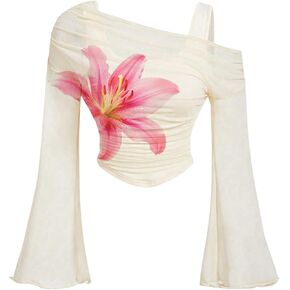 Verdusa Women's Y2k Off Shoulder Tops Tie Dye Mesh Long Flared Sleeve Ruched Crop Shirt Top