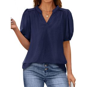 PRETTYGARDEN Womens Casual Summer Tops 2025 V Neck Short Puff Sleeve Pleated Cotton T Shirts Loose Dressy Blouses in Saudi Arabia