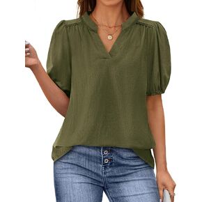 PRETTYGARDEN Womens Casual Summer Tops 2025 V Neck Short Puff Sleeve Pleated Cotton T Shirts Loose Dressy Blouses in Saudi Arabia