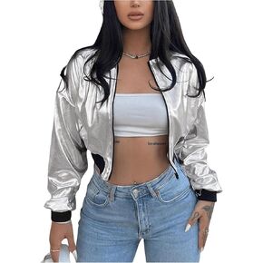 WDIRARA Women's Metallic Zip Up Crop Jacket Long Sleeve Outerwear