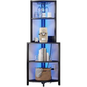 DWVO Corner Shelf with LED Lights & Bookshelf Glass Holder, 4 Tier Corner Wine Bar Rack, Large Wooden Corner's Bookshelf with Display Shelves for Living Room, Dining Room, Kitchen, Black