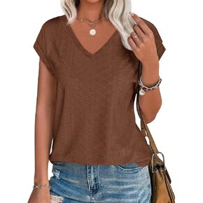 Imily Bela Womens V Neck T-Shirt Summer Cap Sleeve Dressy Casual Tops Eyelet Embroidered Fashion Tees