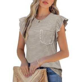 قمصان الصيف من justfashionnow النسائية ذات القمصان المخطط 2025 الكشكش قصير الأكمام من رقبة الرقبة غير الرسمية مع الجيب