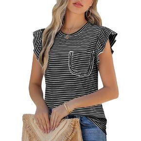 JUSTFASHIONNOW Womens Summer Tops Striped T-Shirts 2025 Ruffle Short Sleeve Crew Neck Casual Blouses with Pocket in Kuwait