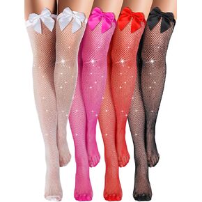 4 Pairs Women Fishnets Thigh High Stockings with Satin Bow Sparkly Rhinestone Fishnets Tights Pantyhose Hosiery