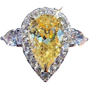 925 Silver Super Flash Simple Yellow Water Drop Pear-Shaped Zircon Ring Heart-Shaped Yellow Zircon Ring Found Diamond Ring Found Female Jewelry Earrings (US Code 6)