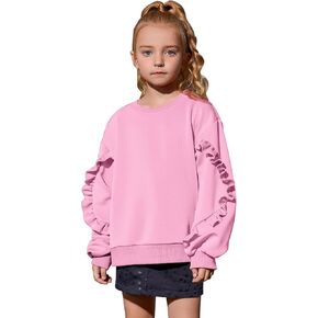 Mirawise Girls Pullover Crewneck Sweatshirt with Ruffle Trim Long Sleeve Cute Oversize Hoodie Solid Tops Sweaters for 4-13Y