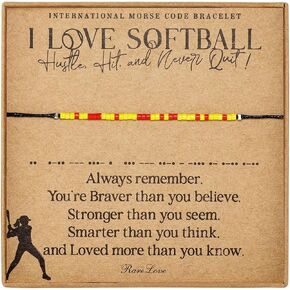 RareLove Softball Bracelet Gifts-I Love Softball Morse Code Beaded Bracelets for Team Women Player,Granddaughter, Daughter Yellow Red Pony Beads