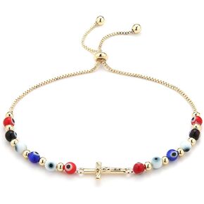 HZMAN Evil Eye Bracelet for Women Men 14K Gold Plated Jesus Crucifix Cross Retro Evil Eye Beads Luck Protection Stretch Bracelet Jewelry Gift