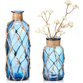 Chuangdi Set of 2 Coastal Glass Vases for Flowers Small Flower Vase with Boho Rope Wrapping Beach Decorative Bottle for Coastal Nautical Table Centerpiece Wedding Floral Arrangement Decor(Light Blue)