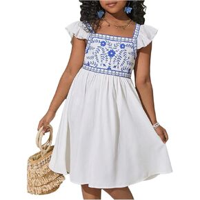 Girl's Floral Dress Bowknot Back Cap Sleeve Square Neck Boho Flowy Dresses