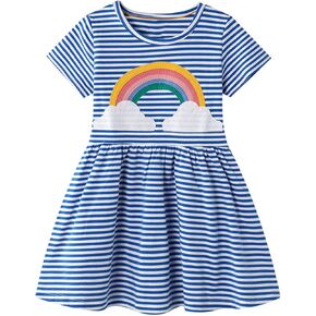 FreeLu Toddler Girls Striped Summer Dress Cartoon Appliques Dresses Girls Cotton Casual Clothing 2-7Y
