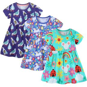 BeiVSlley Toddler Girls Dresses 3-Pack | Cotton Short Sleeve Summer Dress with Twirl Skirt | Cute Cartoon Sundress 2-7T
