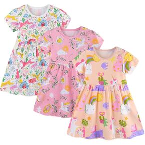 Beivslley Toddler Girls Dresses 3-Pack | فستان الصيف قصير الأكمام القطن مع تنورة دوامة | كرتون لطيف Sundress 2-7T in Kuwait