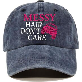 Messy Hair Don't Care Distressed Washed Blue Baseball Cap, Vintage Adjustable Cotton Cap, Jeep Gifts for Men Women, Cute Trucker Hats for Women, Thank You Gifts for Trucker Jeep Women