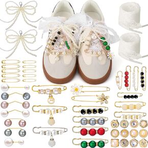 AIERSA Shoes Charms for Sneakers Socks, 49pcs Pearl Shoe Lace Charms Jewelry, Junk Socks Pins, Stylish Shoe Decoration for Women, Brooch Pins Buttons for Clothes, Hats Decorations