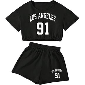 Verdusa Girl's 2 Piece Tracksuits Short Sleeve Graphic Jersey Crop Tops and Track Shorts Set