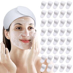VOCHIC 40 Pack Spa Facial Headband, Skincare Headband, Ultra Soft Makeup Hair Wrap with Tape, Adjustable Hair Band for Women, Stretch Towel Head Band for Face Washing, Shower Sports Yoga (White, 40)