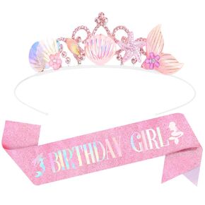 عيد ميلاد Aoprie Girl Combands Sash for Women Mermaid Birthday Tiara & Crowts for Girls Happy Birthday Association Taffic Supllies Pink ، 2 Pack