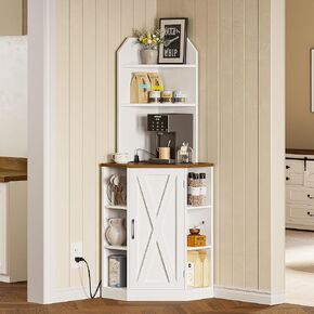 IRONCK Corner Cabinet, Farmhouse Corner Shelf with 2 Doors and 3 Shelves, Wooden Display Bookshelf Bookcase with Charging Station for Living Room, Kitchen, Dining Room, White