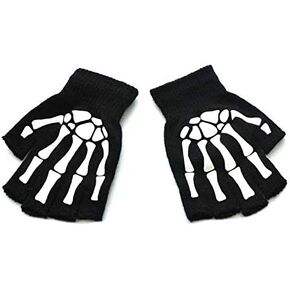 Unisex Adult Halloween Skeleton Skull Half Finger Gloves Glow in the Dark Fingerless Stretch Knitted Winter Mittens Black