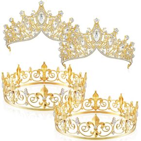 Henoyso 4 Pcs Prom King and Queen Crowns for Men Women King Queen Tiara Crystal Headband Homecoming Costume Party Favor(Gold, Delicate)