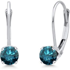 Gem Stone King 14K White Gold Blue Diamond Leverback Earrings for Women | 0.30 Cttw | Gemstone April Birthstone | Round 3.5MM | Fine Jewelry Gifts for Her Mom Women Wife
