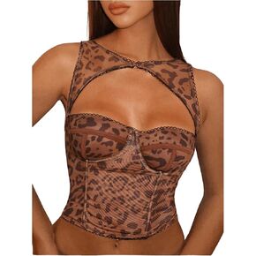 SHENHE Women's Sexy Leopard Print Bustier Corset Y2k Cut Out Keyhole Cheetah Animal Mesh Crop Top