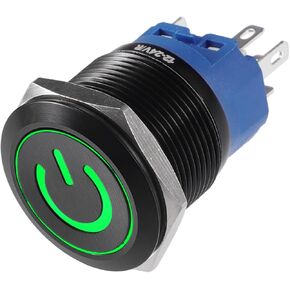 22mm Car Interior Pressure Switch Momentary Push Button Switch with Power Symbol LED 1NO 1NC 12-24V Aluminum Alloy for Boat Truck RV Green Replacement