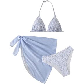 GORGLITTER Girl's 3 Piece Bikni Sets Ditsy Floral Halter Triangle Swimsuit with Cover Up Skirts
