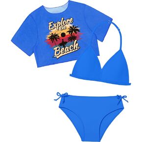 WIQI Girls Swimsuit 3 Piece Bikini Set Tropical Pattern V Neck Halter Bathing Suit with Cover Up Size 9-16