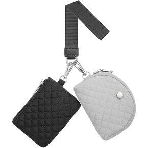 Dual Pouch Wristlet Wallets For Women, Coin Purse Zip Around Wristlet Pouch, Portable Zipper Wristlet Quilted Nylon for Daily Travel Walking, Pink
