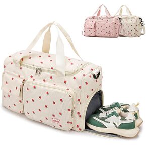 Strawberry Duffel Bag for Girls, Corduroy Gym Bag with Shoe Compartment & Wet Pocket,Cute Travel Bag Weekend Bag Dance Bag Overnight Bag for Teens (pink)