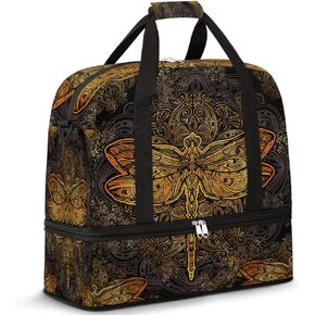 Vintage Dragonfly Retro Mandala Sports Gym Bag Foldable Travel Duffel Bag with Shoes Compartment Dry And Wet Separation Travel Bag For Men Women Yoga Overnight Weekend Holiday