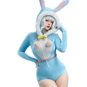 Blue Bunny Costume Rabbit Romper Onesie Plush Pajama Bodysuit Fluffy Bodycon Hooded Jumpsuit with Tail