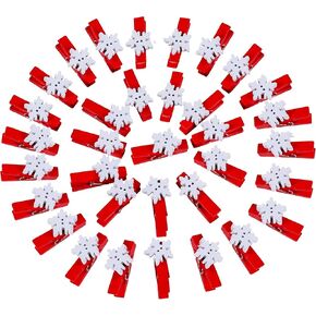 Pack of 50pcs Christmas Clips, Snowflake Red Green Wood Clothespins for Game Favors Craft, with 10m Hemp Rope, Wood Clips Set for Card Paper Photo Photography Activity (Red and Green)