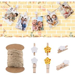 Beadthoven 100Pcs Star Wooden Clothespins Mini Wood Photo Clips for Pictures Photo Paper Pegs Clips Small Clothes Pins with 10.93 Yards 2mm Jute Cord Twine for Hanging Photos Cards Arts & Crafts