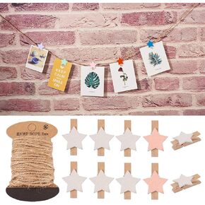 Beadthoven 100pcs Star Wooden Clockespins Mini Wood Photo Clips for Pictures Photo Paper Pegs مقاطع ملابس صغيرة مع 10.93 ياردة 2 مم من الحبل الجوت in Kuwait
