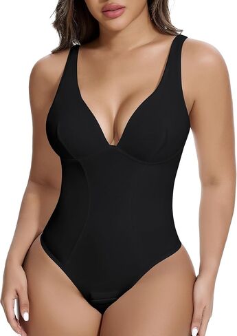 SHAPERIN Women's Deep V Neck Shapewear Bodysuit Double Lined Plunge Low Back Tummy Control Thong Backless Body Shaper in Saudi Arabia