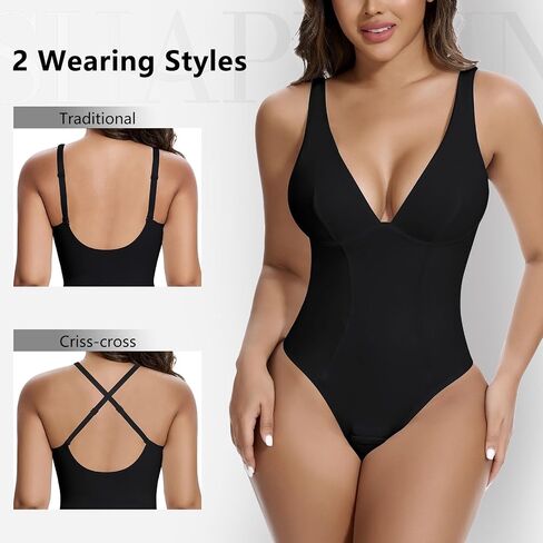 SHAPERIN Women's Deep V Neck Shapewear Bodysuit Double Lined Plunge Low Back Tummy Control Thong Backless Body Shaper in Saudi Arabia