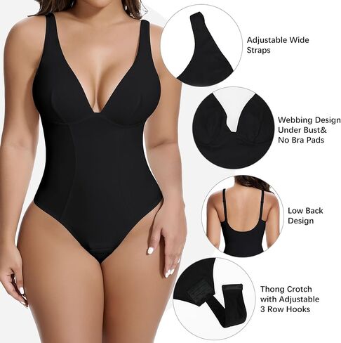 SHAPERIN Women's Deep V Neck Shapewear Bodysuit Double Lined Plunge Low Back Tummy Control Thong Backless Body Shaper in Saudi Arabia