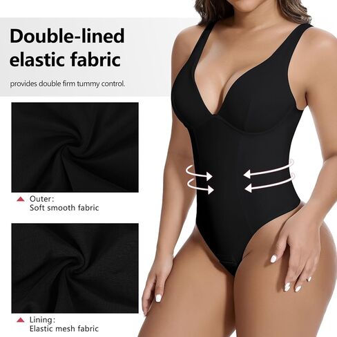 SHAPERIN Women's Deep V Neck Shapewear Bodysuit Double Lined Plunge Low Back Tummy Control Thong Backless Body Shaper in Saudi Arabia