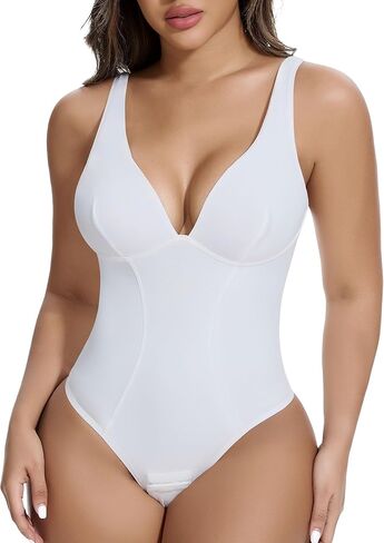 SHAPERIN Women's Deep V Neck Shapewear Bodysuit Double Lined Plunge Low Back Tummy Control Thong Backless Body Shaper in Saudi Arabia