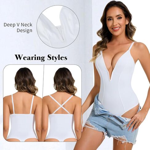Deep V Neck Shapewear Bodysuits for Women Tummy Control Shapewear Thong Low Back Body Shaper in Kuwait