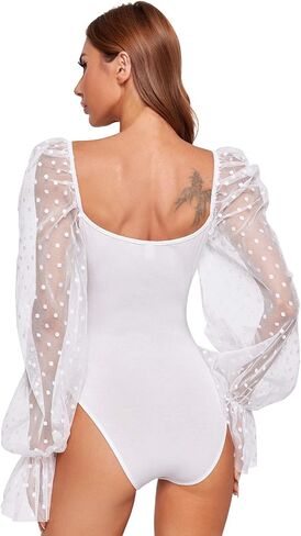 Wdirara Women's Polka Dots شفاف Dobby Mesh Square Neck Long Longny Skinny Bodysuit in Saudi Arabia
