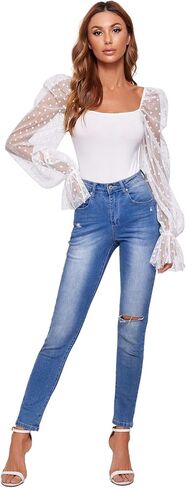Wdirara Women's Polka Dots شفاف Dobby Mesh Square Neck Long Longny Skinny Bodysuit in Saudi Arabia