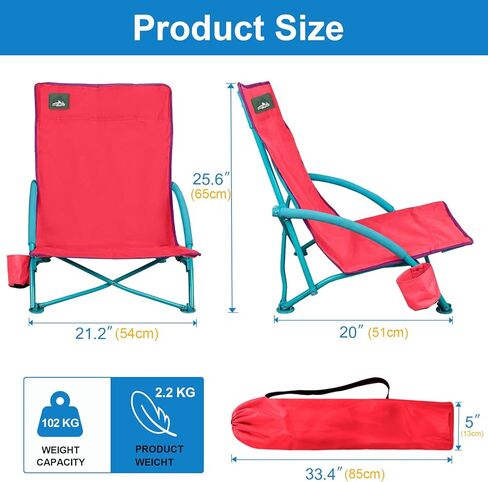 2 Pack Low Folding Beach Chair,Portable Lightweight Lowback Sling Chair, Outdoor Low Seat Camping Chair w/Cup Holder & Carry Bag for Sand Camping Lawn Picnic Festival,Blue in Kuwait