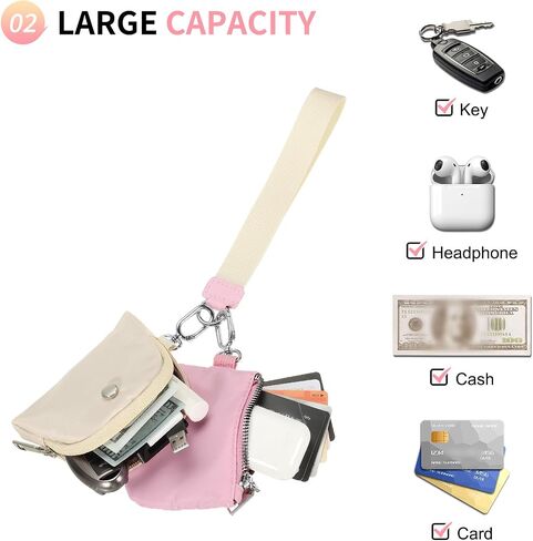 Dual Pouch Wristlet Wallets For Women, Coin Purse Zip Around Wristlet Pouch, Portable Zipper Wristlet Nylon for Daily Travel Walking, Rose Red in Saudi Arabia