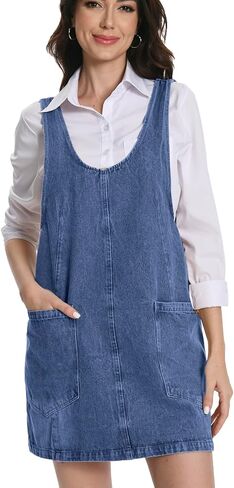 Women Denim Overall Dress Jean Jumper Dress High Roller Skirtall Mini Vintage Casual Overalls with Pockets in Saudi Arabia